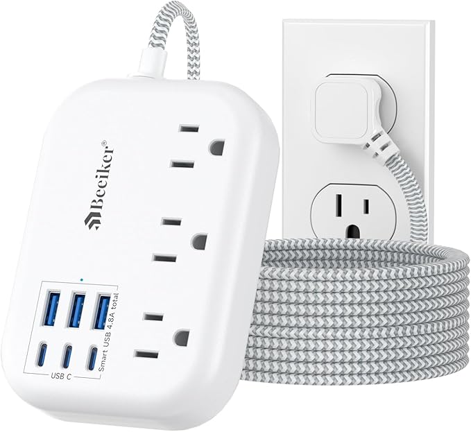 6 USB(3 USB C) Surge Protector Power Strip- Extension Cord 10 Ft with 24W USB Charging Station and 3 Outlets, Flat Plug Long Braided Extension Cord with Multiple Outlets for Home Office College Dorm
