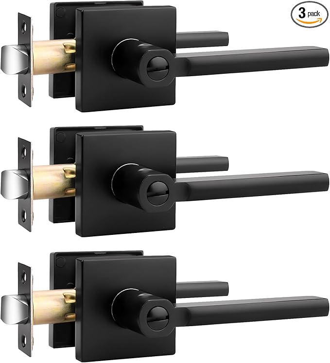 Probrico Privacy Black Door Handle Interior Lockset Heavy Duty Square Door Lever for Bedroom or Bathroom Reversible Keyless Slim Handleset Door Knob 3 Pack