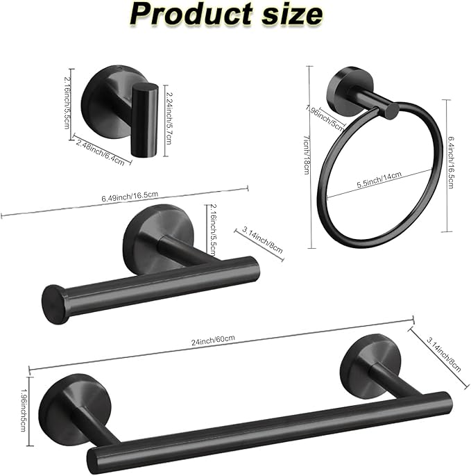 Cilee 10 Piece Matte Black Bathroom Accessories Set, 24inch Black Towel Bar Ring+Toilet Paper Holder+ Robe Towel Hook SUS304 Stainless Steel Bathroon Hardware Set