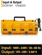 DCB104 20V MAX Battery Charger Replacement for Dewalt Battery Charger, 4 Port Multi Charger Station with 2 USB Ports, Compatible with Dewalt 12V-20V Batteries