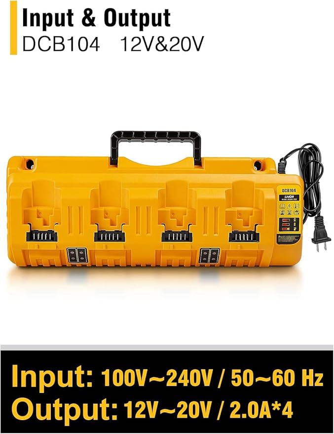 DCB104 20V MAX Battery Charger Replacement for Dewalt Battery Charger, 4 Port Multi Charger Station with 2 USB Ports, Compatible with Dewalt 12V-20V Batteries