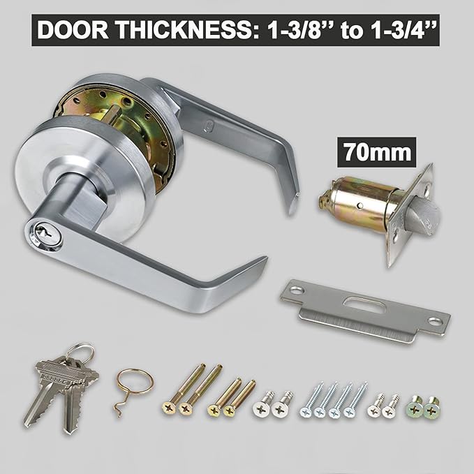 Keyed Entry Grade 2 Commercial Door Locks Heavy Duty Office Door Lever, Non-Handed, UL 3 Hour Fire Rated, ADA Compliant, Satin Chrome Finish 26D, 2-3/4''Backset X-XG-ET-70