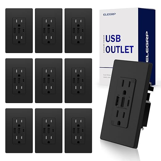 ELEGRP USB Outlets Receptacles, 3-Port Wall Outlet, 30W 6.0A Electrical Outlet, 15 Amp Tamper-Resistant Outlet with Type C Ports, UL Listed, Screwless Wall Plate Included, 10 Pack, Matte Black