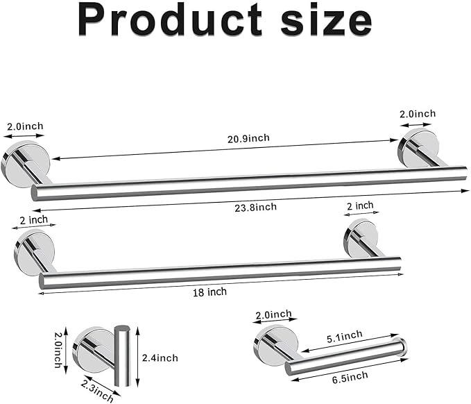 Newfun 10 Pieces Polished Chrome Bathroom Hardware Set - Includes 24inch Towel Bar, Robe Hook, Toilet Paper Holder, Bathroom Accessories Set Stainless Steel Wall Mounted