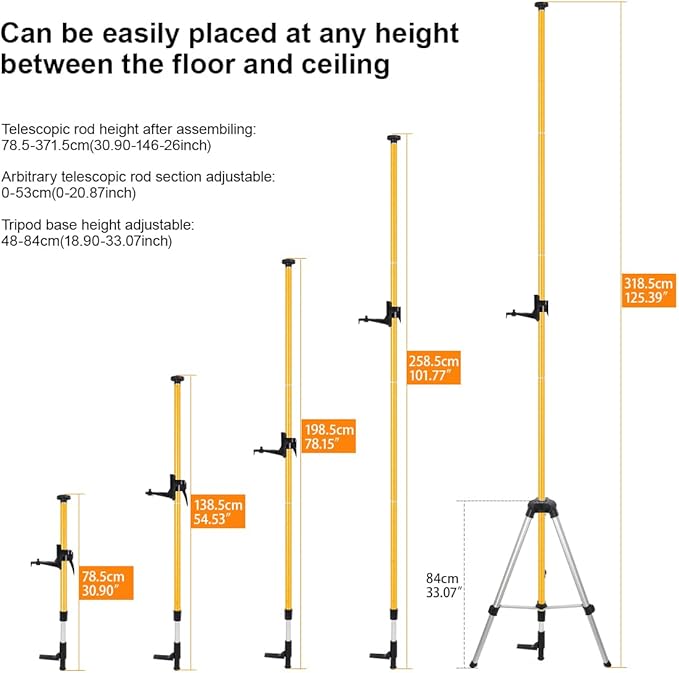 Laser Level Pole with Adjustable Mount 1/4-Inch by 20-Inch, 12 FT/3.7M Adjustable Telescoping Laser Pole with 5/8''-11 Thread Adapter for Rotary and Line Lasers (Without Tripod)