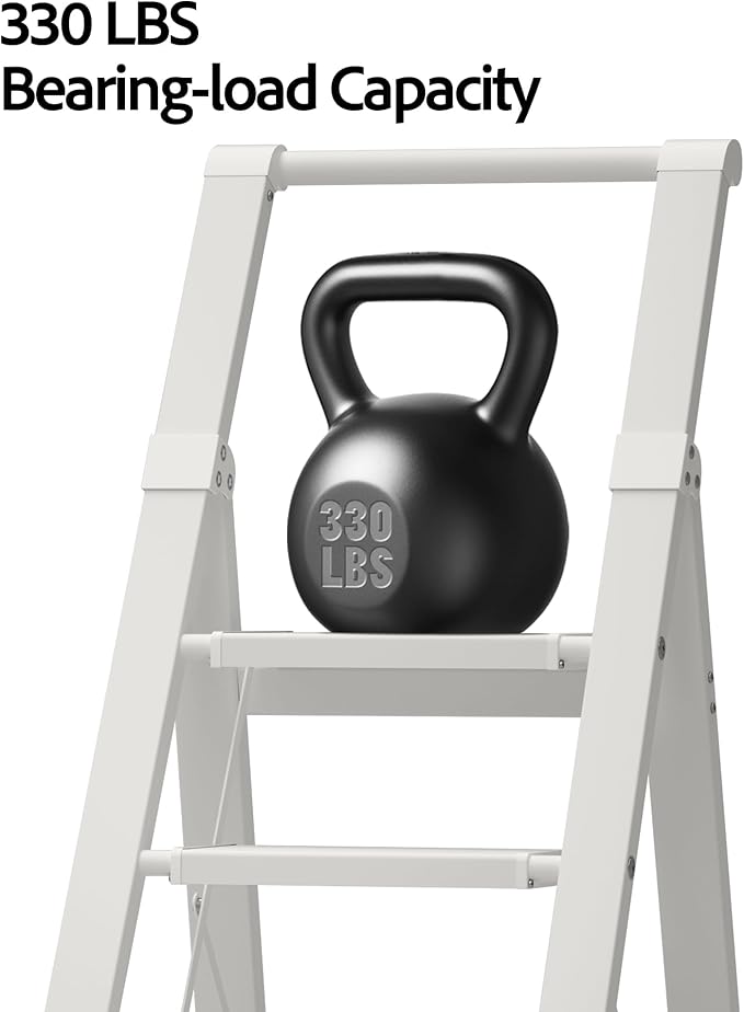 5 Step Ladder, Lightweight Folding Step Stool with Convenient Handgrip,Aluminum 330lbs Capacity Step Ladder for Office,Household,Kitchen(White)