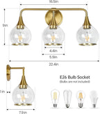 Gold Bathroom Vanity Light 3-Lights Bathroom Light Fixtures Over Mirror with Clear Glass Shade 22.4 inch Wall Sconce Lighting Bath(Exclude E26 Bulb)