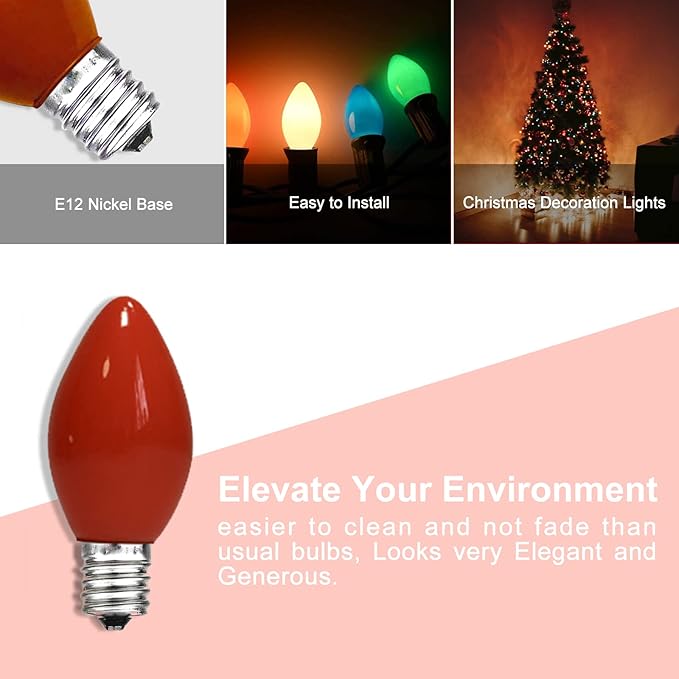 25 Pack C7 Multicolor Ceramic Christmas Lights Replacement Bulbs, 5W E12 Candelabra Base Incandescent Bulbs for Outdoor String Lights Xmas Tree Patio Holiday Party Decor