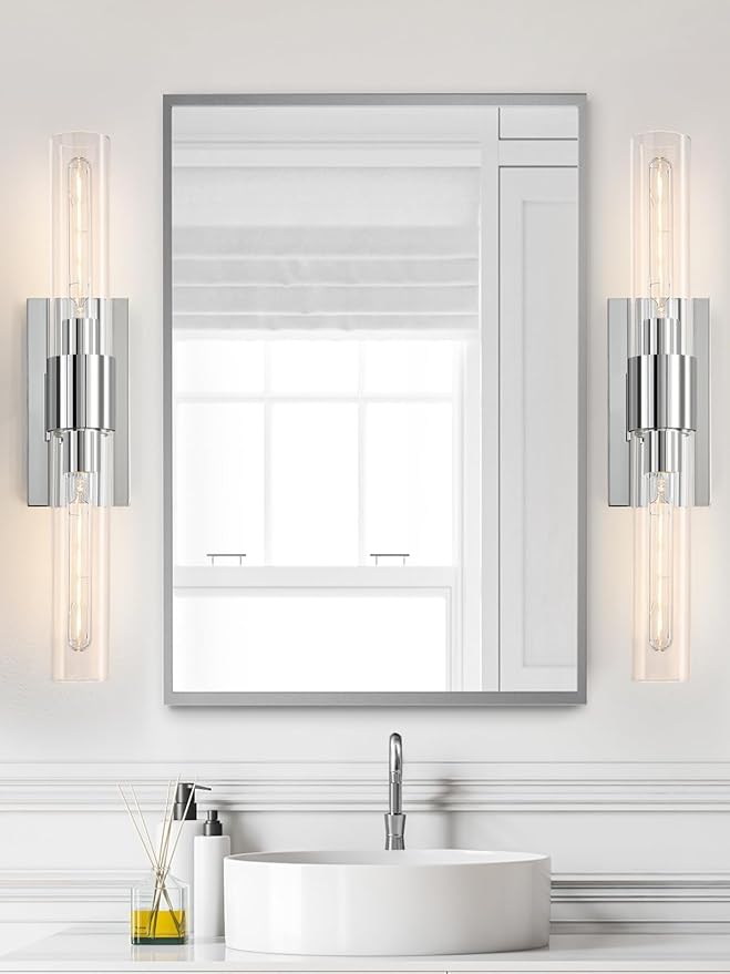 Chrome Tube Wall Sconces with Clear Glass, 24'' Modern Bathroom Vanity Light Fixtures for Bathroom Living Room Bedroom Hallway Fireplace Staircase(Bulb Included).