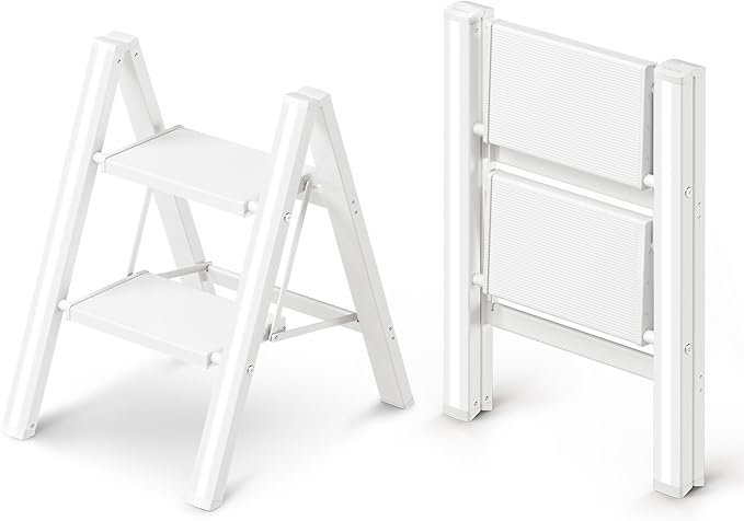 GameGem 2 Step Ladder, Folding Step Stool with Wider Pedal, Anti-Slip Feet & Non Slip Stripes, Aluminum Sturdy Material, 300Lbs Capacity, Elegant Look of Modern White Better Matches Your Home