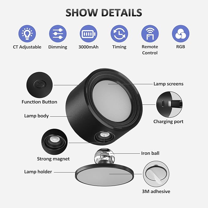 Lightbiz LED Wall Lights with Remote, RGB Ambience Wall Sconces Lamp 3000mAh Rechargeable Battery Operated, 3 Color Temp & Dimmable Magnetic 360° Rotation Cordless Light for Living Room Bedside
