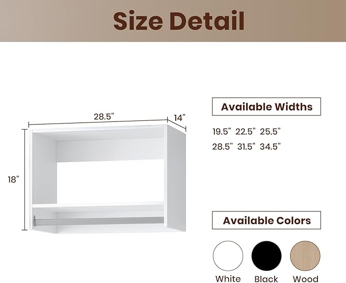 ROOMTEC 28.5" Tall Hanging Closet Unit, Modular Closet System with Hanging Rod, Wardrobe Organizer for Bedroom or Walk-in Closet, Wall Mounted, Customizable Clothes Storage Unit, White