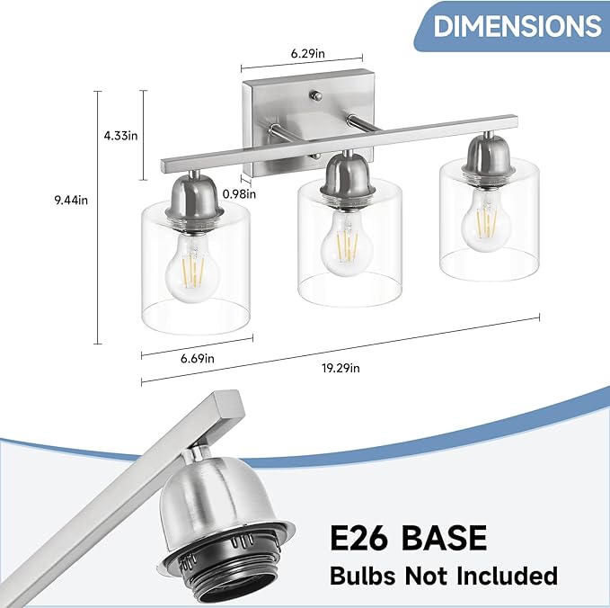 Modern Brushed Nickel 3 Light 19 inch Vanity Lights for Bathroom with Clear Glass, Bathroom Lighting Fixtures Over Mirror for Mirror Kitchen Living Room Hallway Cabinet Porch
