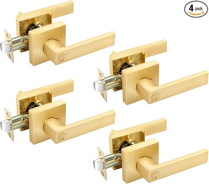 EHOMEWARE 4 Pack Door Knobs Interior Handle Set in Satin Brass Finish, Privacy Bedroom Bathroom Door Lever Set Without Keys, Gold Door Handles