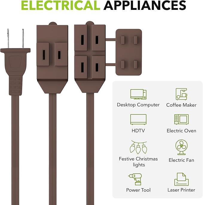 HBN Extension Cord, 3-Pack 3FT Brown, 2 Prong Indoor Extension Cord 16/2 SPT-2, 13A, 1625 W, 3-Outlet Extension Cords for Home/Office Use