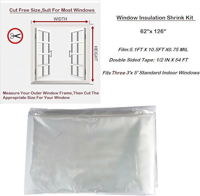 Indoor Window Insulation Kit, Clear Window Film for Heat and Cold (3 Windows (62x126 in))