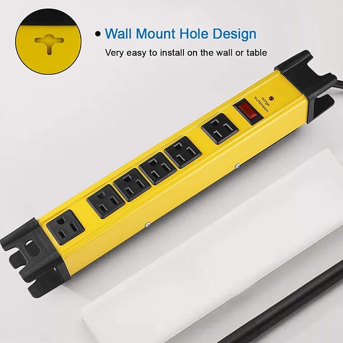 Heavy Duty Power Strip Surge Protector - 6 Outlet Industrial Strip with 15A, 25 FT Cord, 1200 Joules - ETL Listed Yellow Metal for Shop, Workshop, Garden