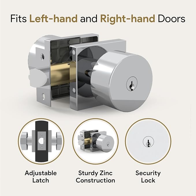 Mega Handles SUANA Entrance Door Knob for Entrance, Bedroom and Bathroom, Reversible Heavy Duty Design Door Knobs, Fits All Standard Door Sizes, Screws Included - Polished Chrome (1 Pack)