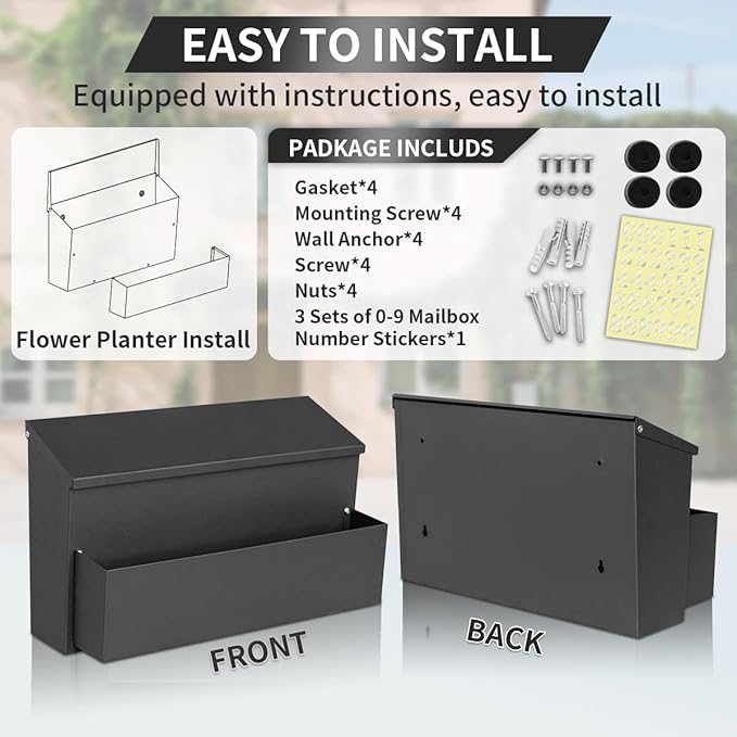 Wall Mount Mailbox, Large Capacity for House, Outside, with 3 Sets of 0-9 Number Stickers & Flower Planter, Galvanized Steel Rust-Proof Metal Post Drop Box, 15.74"×9.84"×6.41" Black