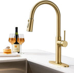 Kitchen Sink Faucets Brushed Gold, High-Arc Single Handle Kitchen Faucet with Pull Down Sprayer, Solid Brass Tall Kitchen Faucets