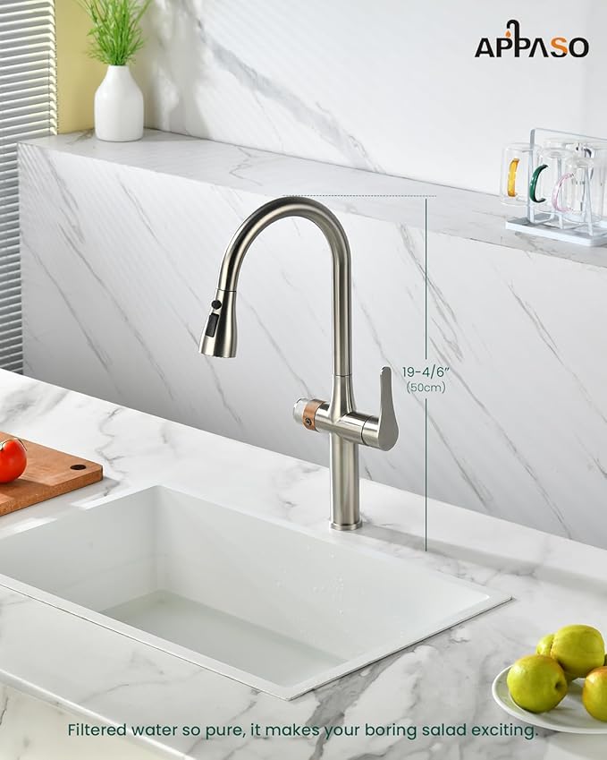 APPASO 3-Way Filter Faucet, Kitchen Faucet with Water Filter, 3 in 1 Faucet for Kitchen Sink Commercial Single Handle, SUS304 Stainless Steel Brushed Nickel (Without Filtration Device)
