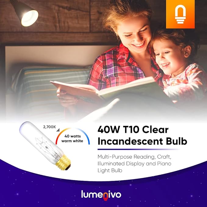 lumenivo Piano Light Bulb 40 watt 120 Volts 一 40T10/CL Light Bulb Display Replacement 一 T10 Bulb Medium Base (E26) 一 280 Lumen Clear Incandescent Bulb for Illuminated Display Units 一 6 Pack