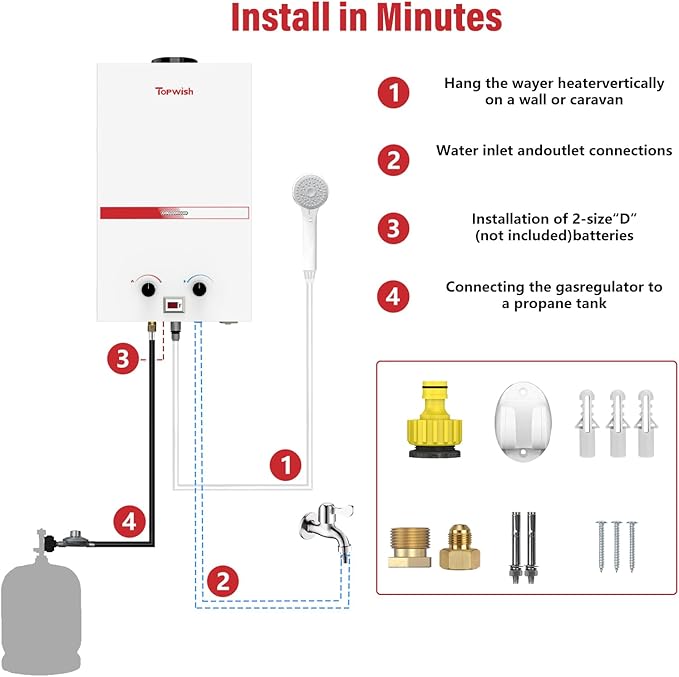 Tankless Water Heater 10L, Portable Propane Camping Water Heater 2.6GPM with Handle Overheating Multi-Protection, Instant Gas Hot Water Warmer for Outdoors RV Trips Shower Boat Cabins,White