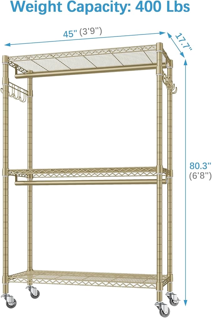 VIPEK R2 Plus Rolling Clothes Rack for Hanging Clothes Heavy Duty Garment Rack 3 Tiers Adjustable Wire Shelving Clothing Racks with Double Hanging Rods, Closet Organizers and Storage, Gold