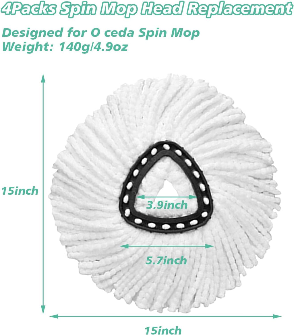 4 PCS Spin Mop Replacement Head,100% Microfiber Mop Heads Replacements Compatible with Triangle Spin Mop,360 Degree Round Spin Mop Replacement Head for Easy House Cleaning Floor Mopping