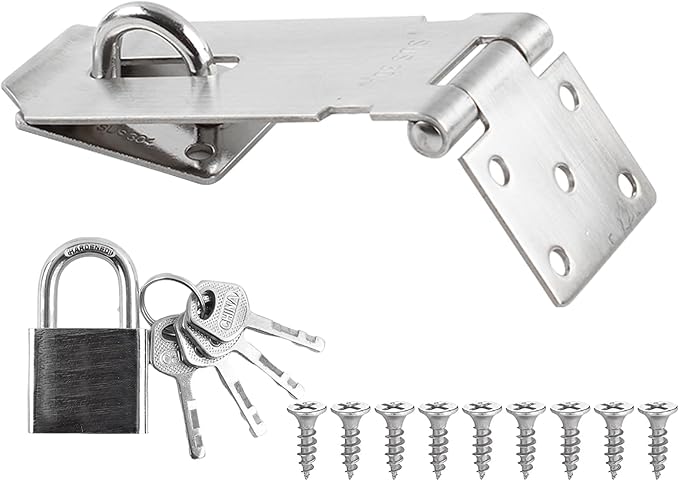 HOWDIA 180 Degree Hasp Lock Latch with Padlock, 4 Inch Stainless Steel Pad Lock Latches Locking Latch Security Door Clasp Hasp for Shed/Gate/Storage（Silver）