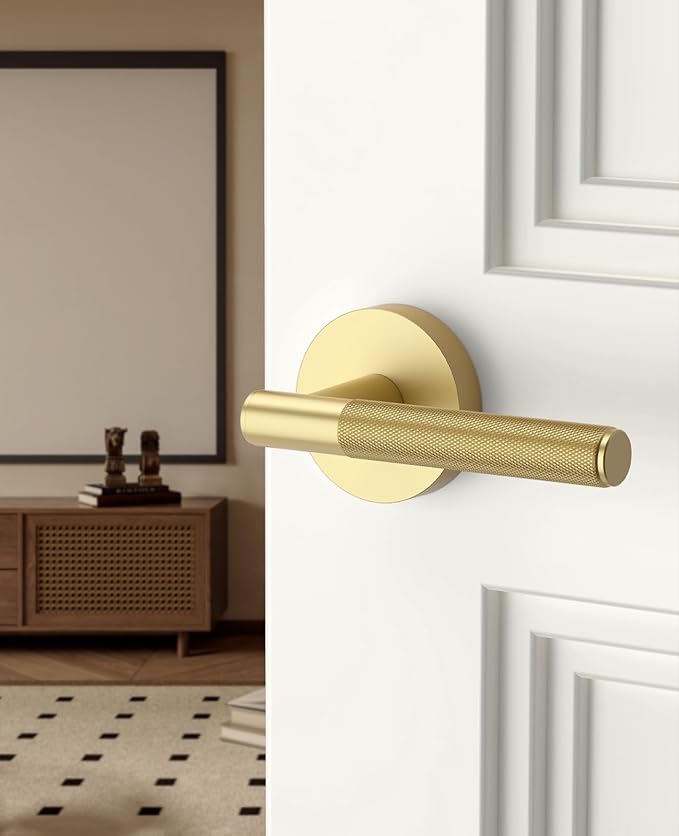 Asidrama 6 Pack Passage Gold Door Handles, Door Lever with Door Knobs Indoor for Bedroom or Bathroom, Heavy Duty Brushed Gold Door Handles Interior with Locks for Left Right Sided Doors