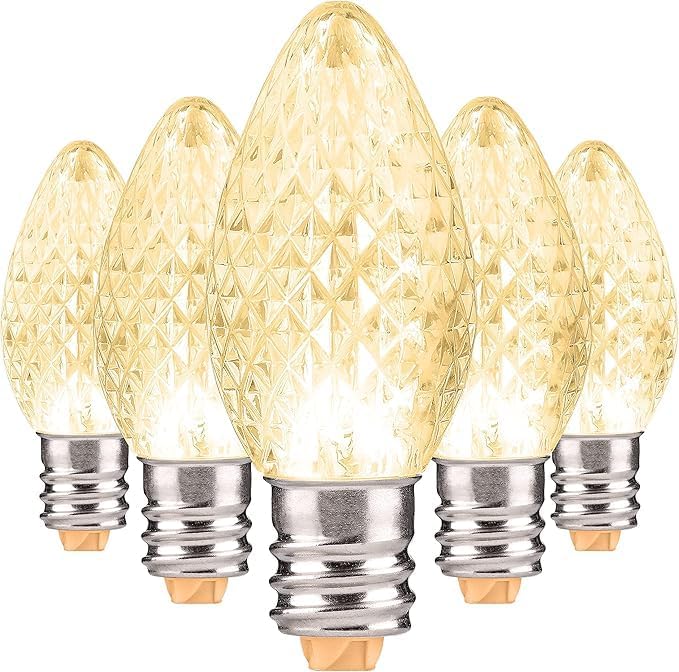 Holiday Lighting Outlet Faceted C7 Christmas Lights | Sun Warm White LED Light Bulbs Holiday Decoration | Warm Christmas Decor for Indoor & Outdoor Use | 2 SMD LEDs in Each Light Bulb | Set of 25