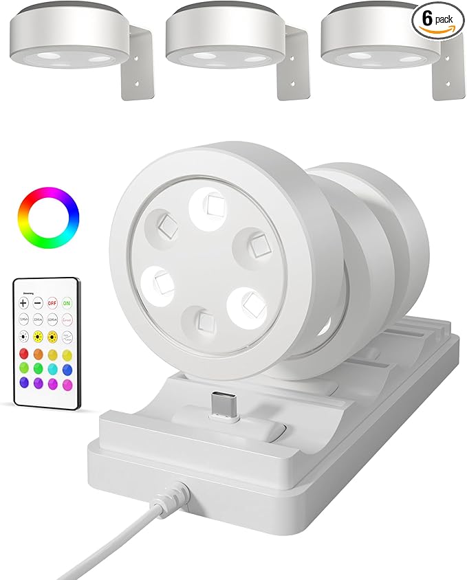 EZVALO Picture Lights for Wall with Charging Station, Rechargeable Battery Magnetic Poster Lights with 3 Color Temps & 12 RGB, Remote Dimmable Timer, Wall Decor Light for Art Display (6 Pack)