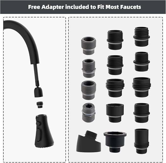 Hibbent Pull Down Spray Head for Kitchen Faucet, NSF/ANSI/CAN 61 & CUPC Certified 3-Function Spray Nozzle, 15 Adapters, Sink Faucet Head Replacement Compatible with Moen, Delta, Kohler, Matte Black