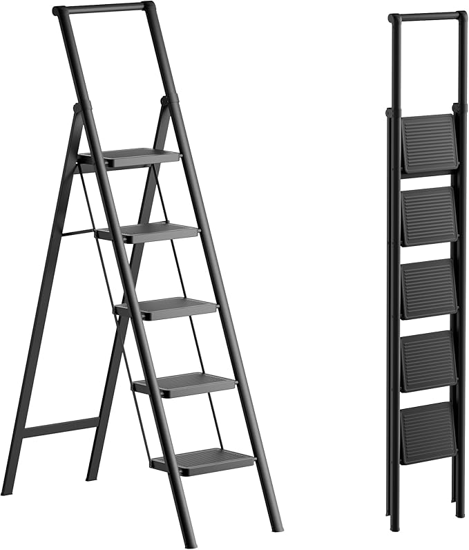 GameGem 5 Step Ladder Folding Step Stool Stepladders with Anti-Slip and Wide Pedal for Home and Kitchen Use Space Saving (Black)