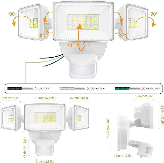 Onforu 65W LED Flood Light Motion Sensor Outdoor, 6500lm Security Light with Three Head, IP65 Waterproof Exterior Floodlight, 6500k Wall Light for Entryways Stairs Yard Garage