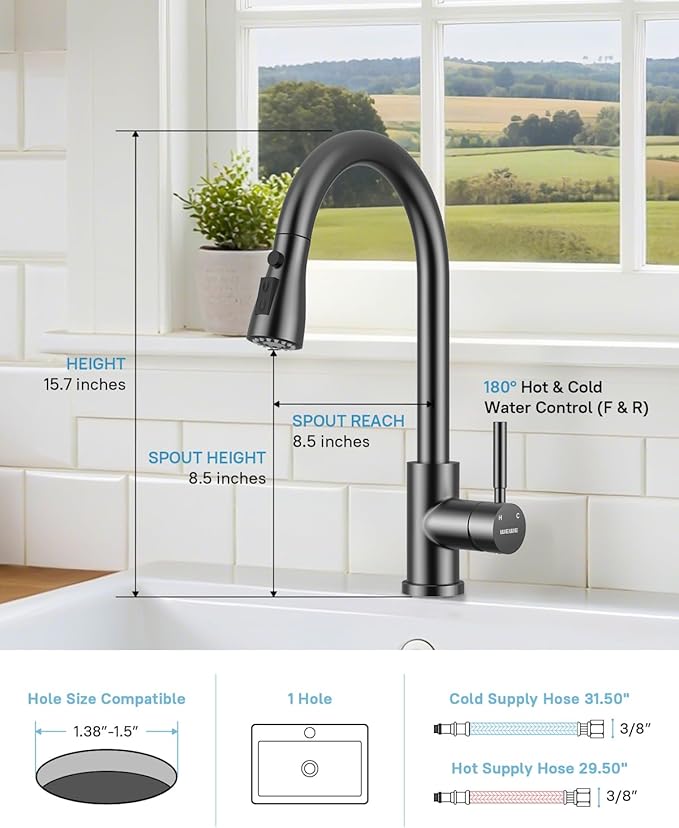WEWE Kitchen Faucets with Pull Down Sprayer, Stainless Steel Single Handle 1 Hole for Family Kitchen Commercial Camper Laundry Rv Bar, Matte Gray