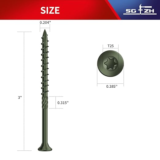 #9 x 3 Inch Deck Screws (69Pcs) 1lb. Carbon Steel, Green, Flat Head, Rust Resistant epoxy Coated, with T25 Star Bit