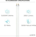 LUXRITE F32T8/835 32W 48 Inch T8 Fluorescent Tube Light Bulb, 3500K Natural White, 2800 Lumens, G13 Medium Bi-Pin Base, LR20740, 12-Pack