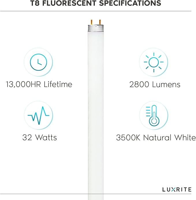 LUXRITE F32T8/835 32W 48 Inch T8 Fluorescent Tube Light Bulb, 3500K Natural White, 2800 Lumens, G13 Medium Bi-Pin Base, LR20740, 12-Pack