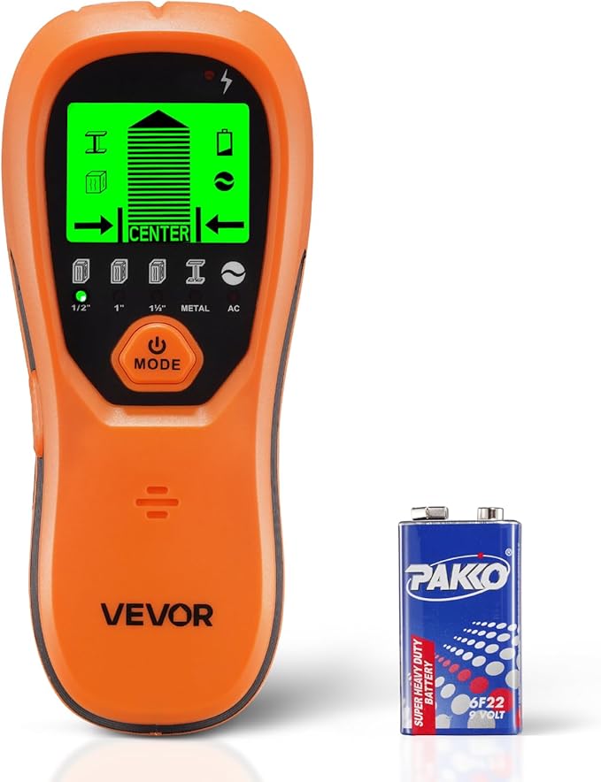 VEVOR Stud Finder Wall Scanner, 5 in 1, Electronic Wall Stud Detector with Smart Sensor, High-Definition LCD Display and Audio Alarm, for the Center and Edge of Metal, AC Wire, Joists, Pipes, Orange