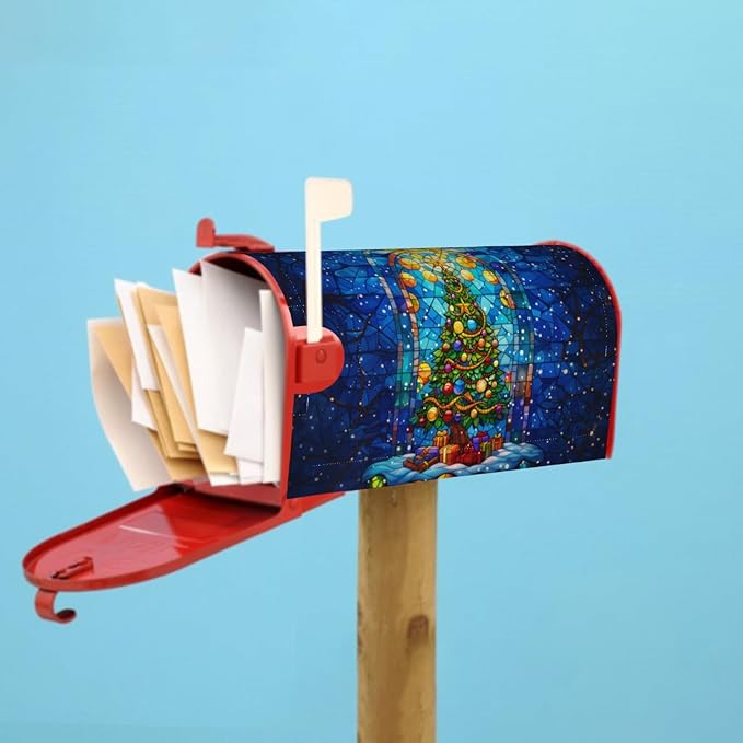 Christmas Tree Stained Glass Blue Winter Mailbox Cover - Magnetic Oversized 25.5 x 21 Holiday Xmas Decorations - Happy New Year Wrap