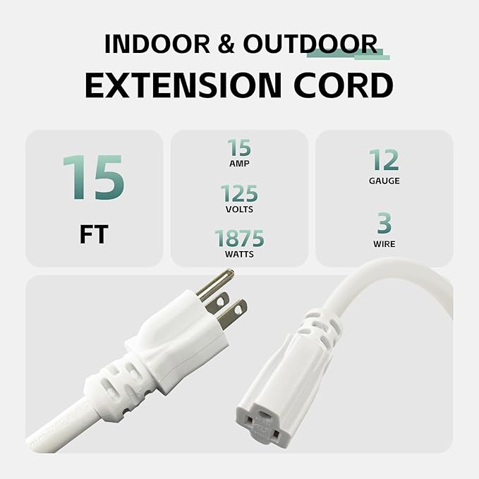 15 Ft Outdoor Extension Cord - 12/3 SJTW Heavy Duty White Extension Cable with 3 Prong Grounded Plug - Power Cord for Lawn, Garden, Appliances