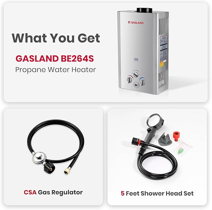 GASLAND 2.64GPM Tankless Water Heater Propane 10L, Outdoor Propane Camping Hot Water Heater, Overheating Protection, Easy to Install, Use for RV Cabin Barn Camping Boat, Silver, BE264S