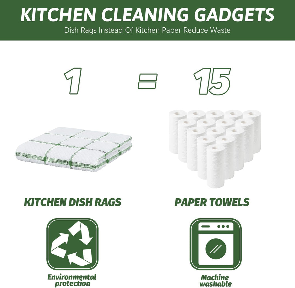 Nialnant 8 Pack Dish Cloths for Washing Dishes, 100% Cotton Reusable Cleaning Rag, Quick Drying Dish Towels for Kitchen,12x12 Inches,Green Plaid