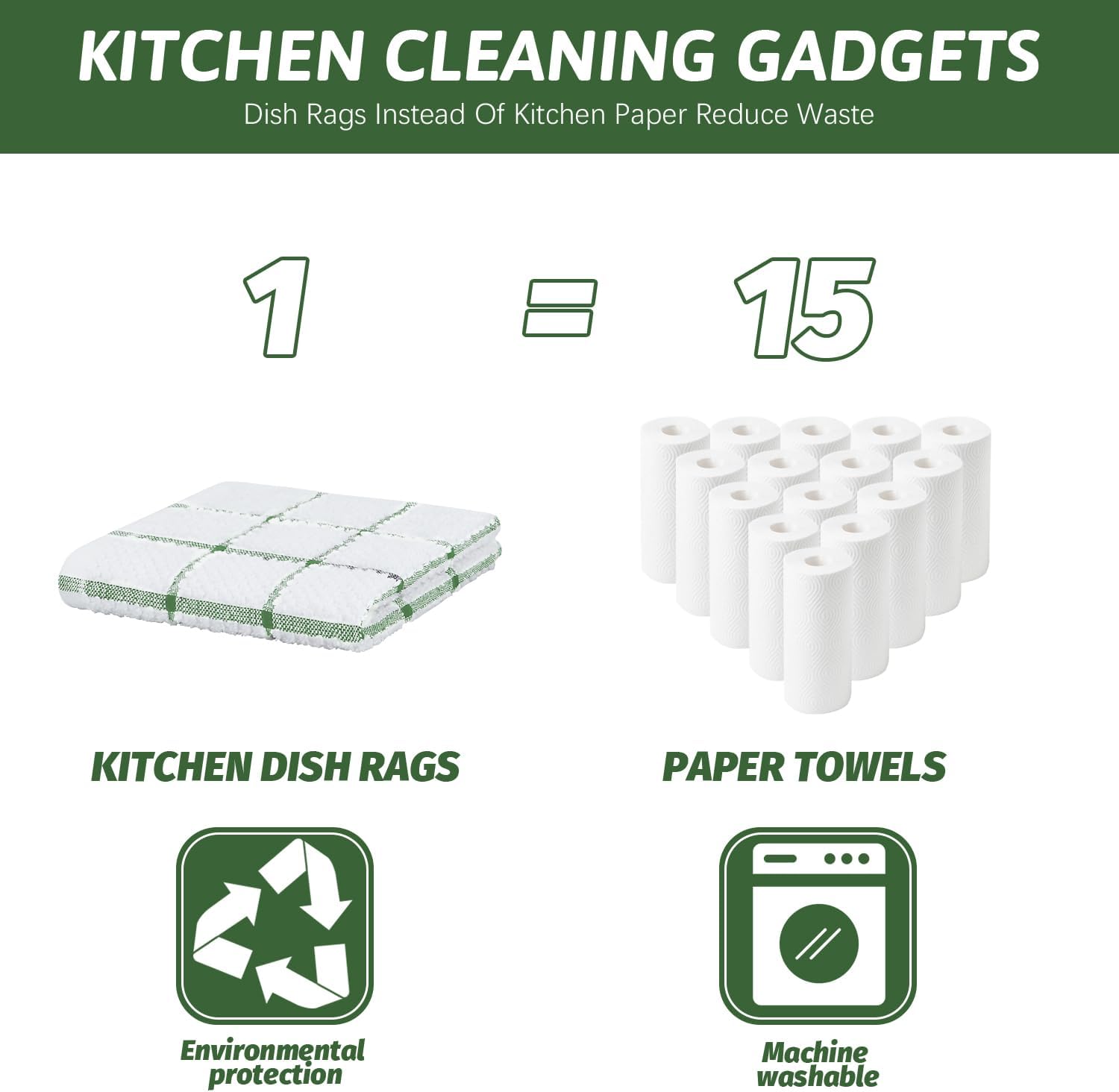 Nialnant 8 Pack Dish Cloths for Washing Dishes, 100% Cotton Reusable Cleaning Rag, Quick Drying Dish Towels for Kitchen,12x12 Inches,Green