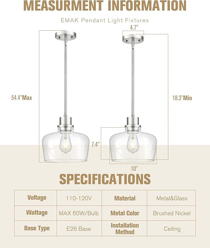 Emak 10 Inch Brushed Nickel Pendant Light, Modern Large Pendant Lights Kitchen Island, Hanging Lights with Clear Glass Shade for Kitchen, Dining Room, Entrance, PL126-BN-CG