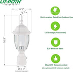 LIT-PaTH Dusk to Dawn Outdoor Post Lighting Fixture Pole Lantern, E26 Medium Base Max 60W, Aluminum Housing Plus Glass, Bulb Not Included (White, 1-Pack)