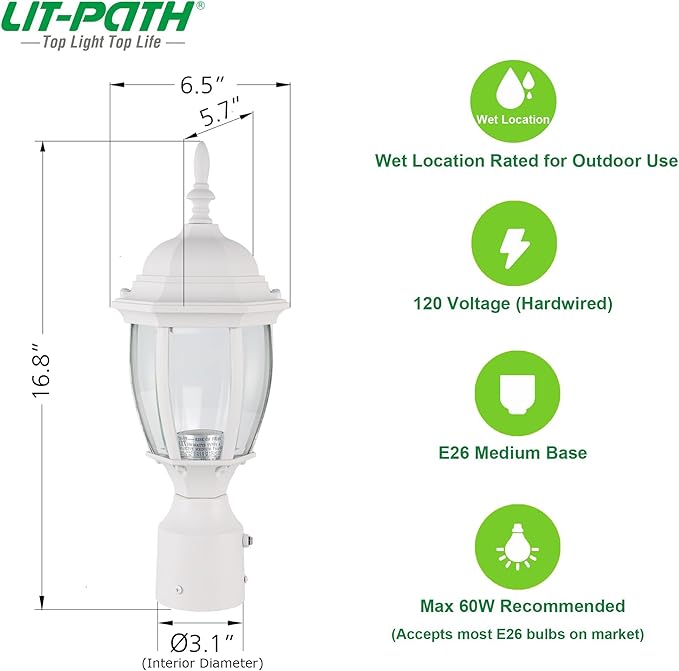 LIT-PaTH Dusk to Dawn Outdoor Post Lighting Fixture Pole Lantern, E26 Medium Base Max 60W, Aluminum Housing Plus Glass, Bulb Not Included (White, 1-Pack)