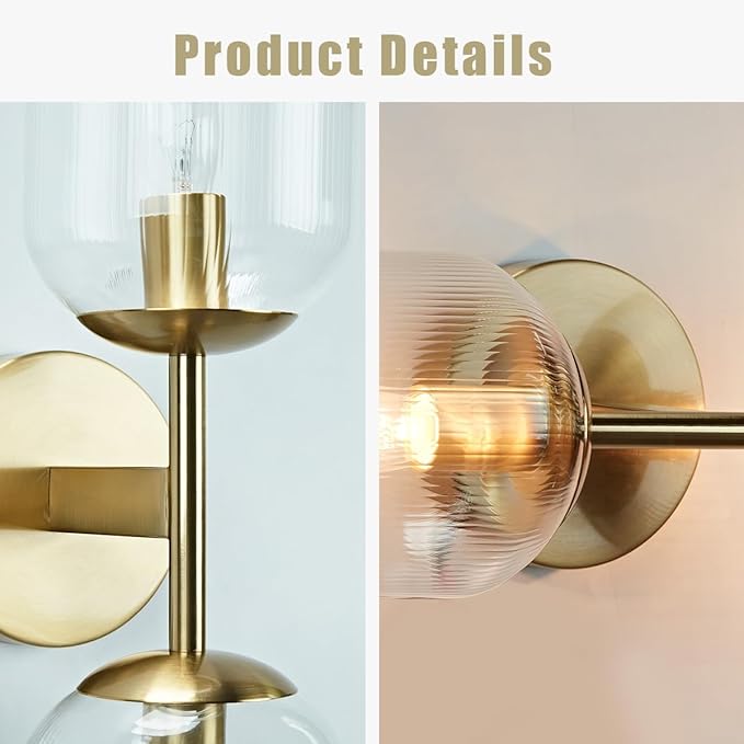 Minimalist Aged Brass Metal Double Wall Sconce, Modern Durable Ribbed Glass Shades Vanity Light, Bathroom Wall Mounted Light Beside Mirror, Wall Light for Hallway, Living Room (Brass)